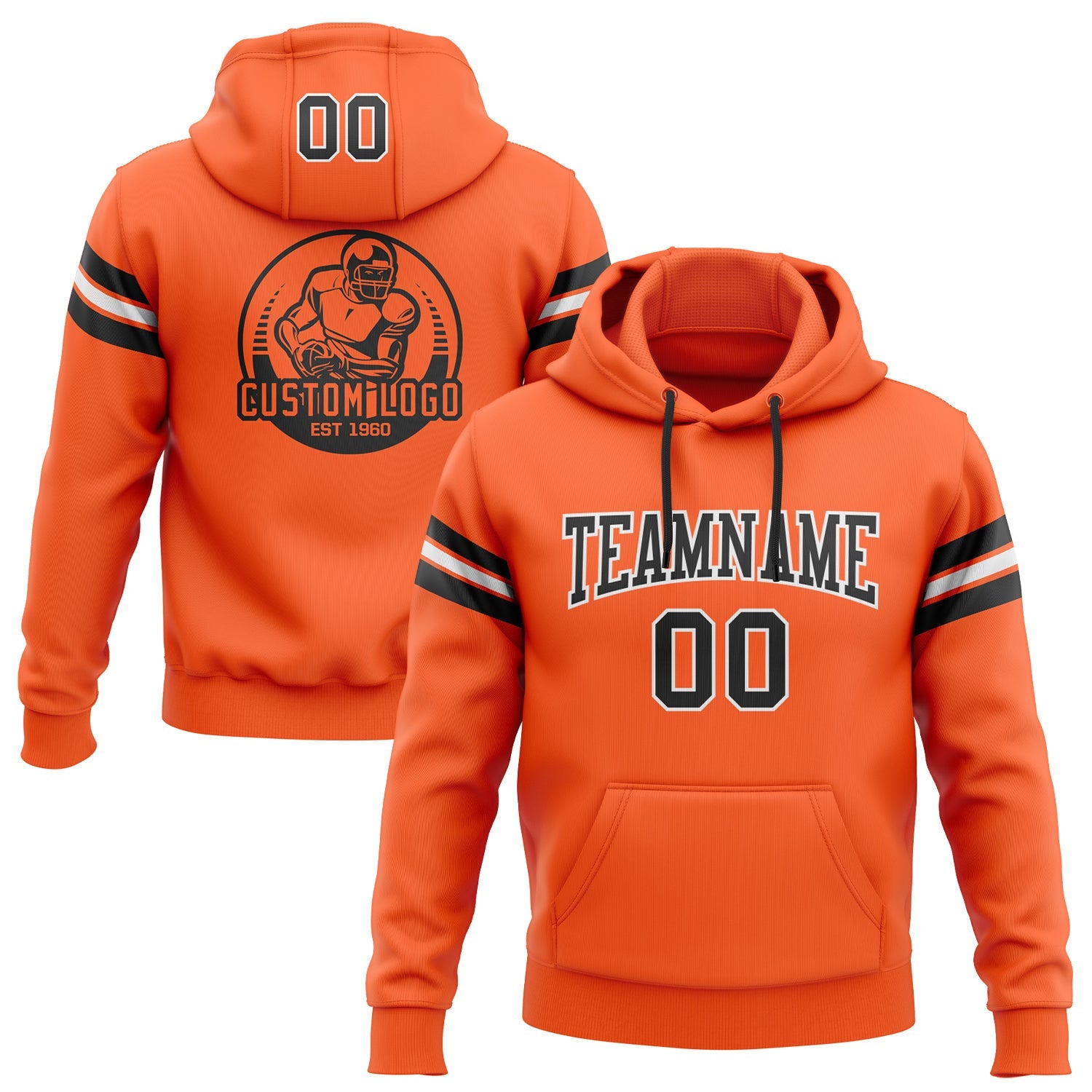 Custom Stitched Orange Black-White Football Pullover Sweatshirt Hoodie - Main View
