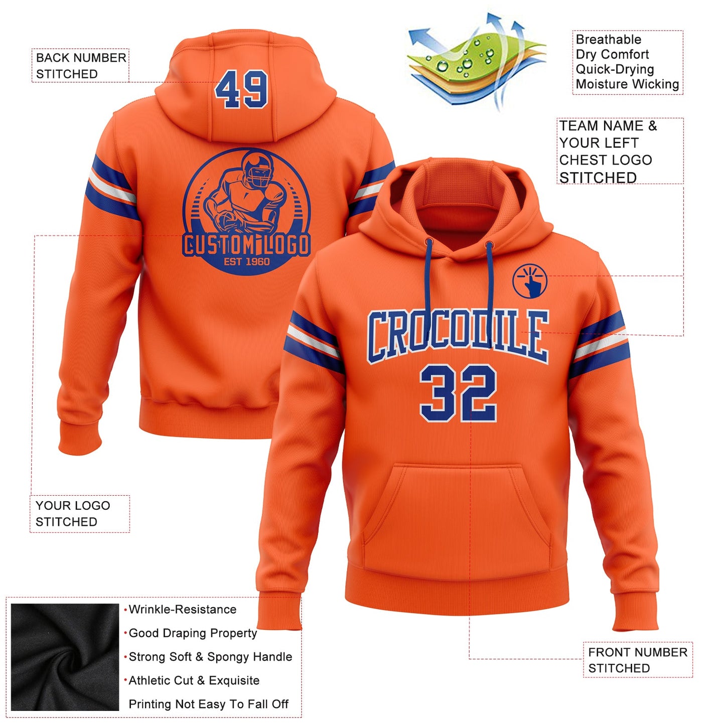 Custom Stitched Orange Royal-White Football Pullover Sweatshirt Hoodie view 2