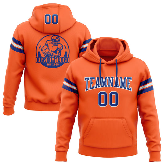 Custom Stitched Orange Royal-White Football Pullover Sweatshirt Hoodie - Main View