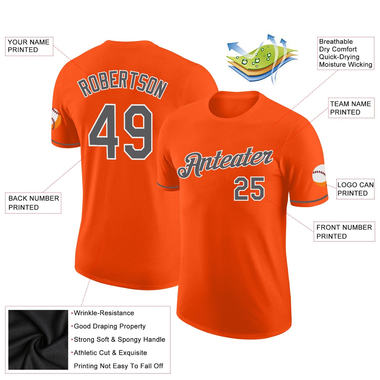 Custom Orange Steel Gray-White Performance T-Shirt view 2