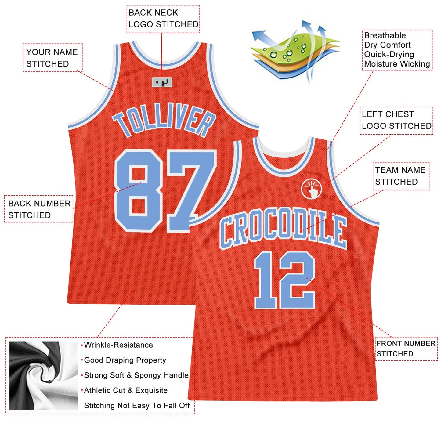 Custom Orange Light Blue-White Authentic Throwback Basketball Jersey view 2