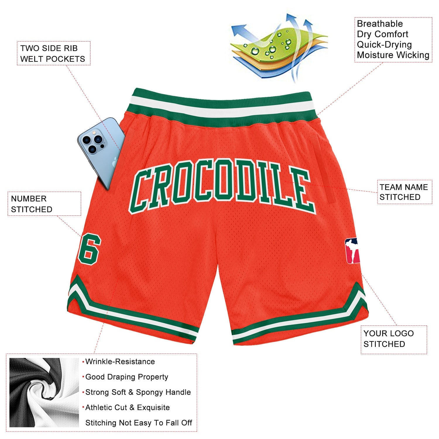 Custom Orange Kelly Green-White Authentic Throwback Basketball Shorts view 2
