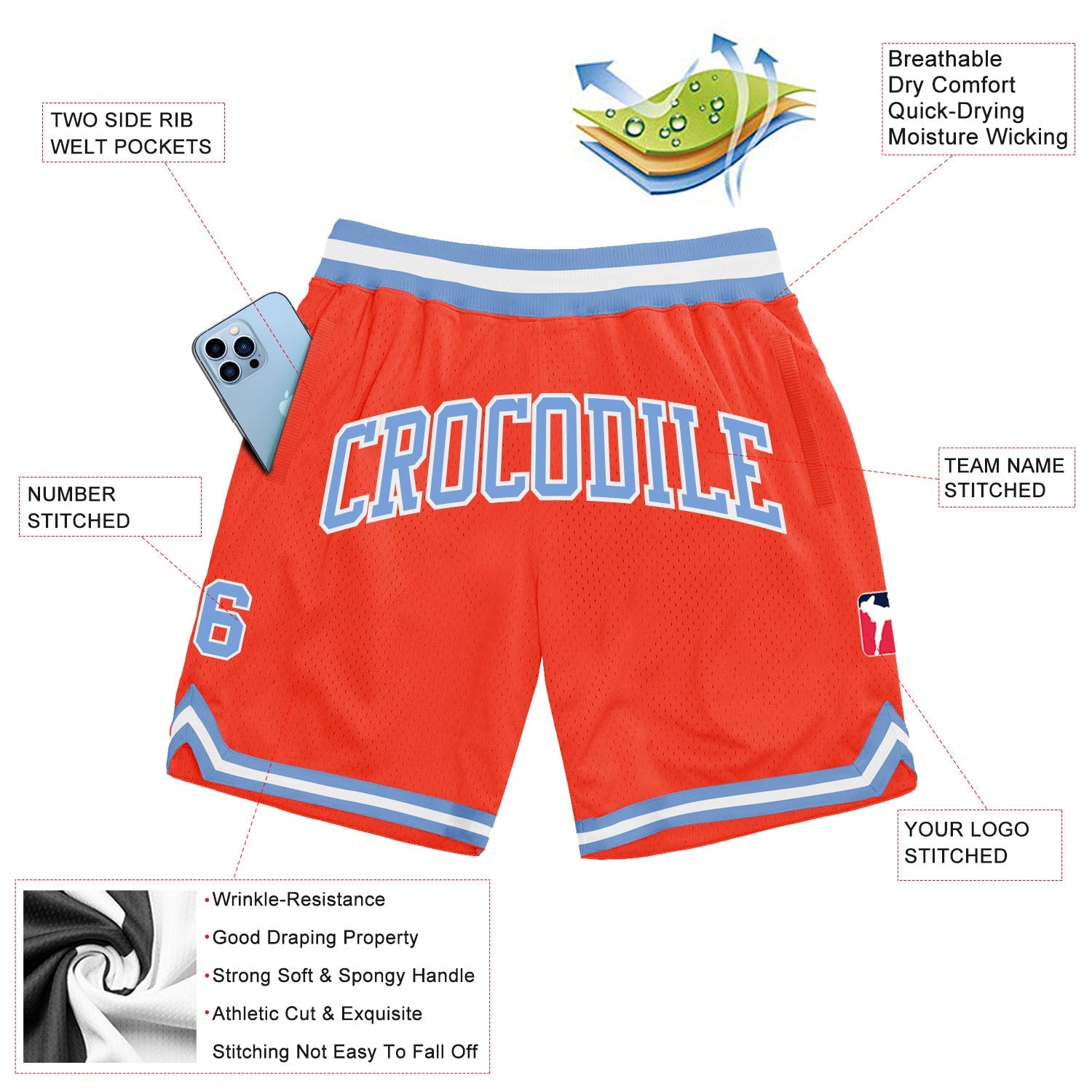 Custom Orange Light Blue-White Authentic Throwback Basketball Shorts view 2