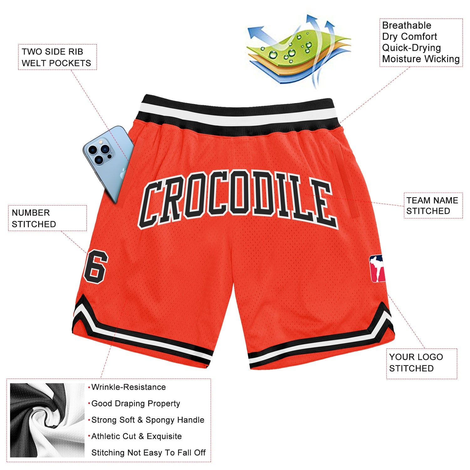 Custom Orange Black-White Authentic Throwback Basketball Shorts view 2