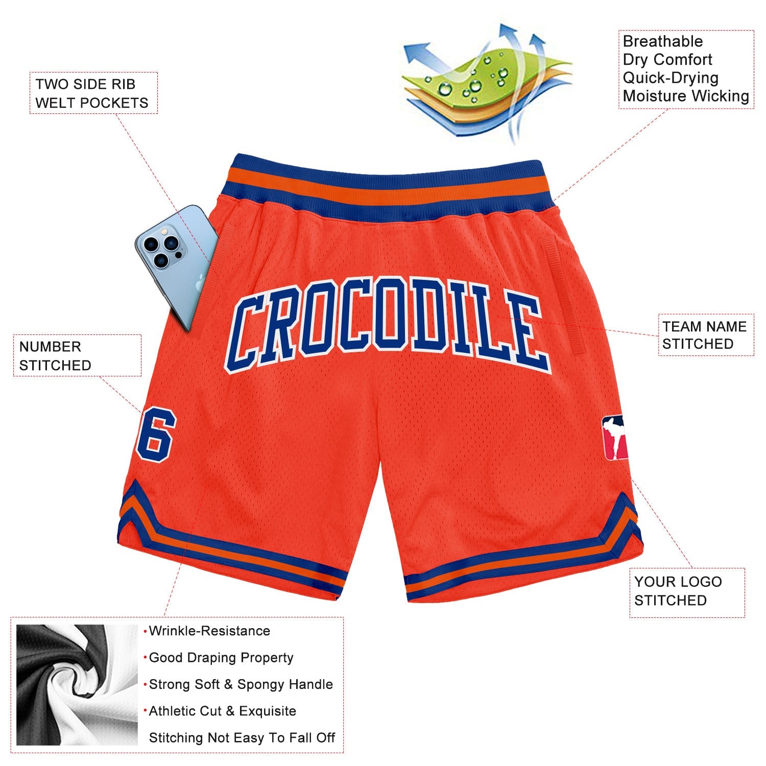 Custom Orange Royal-White Authentic Throwback Basketball Shorts view 2