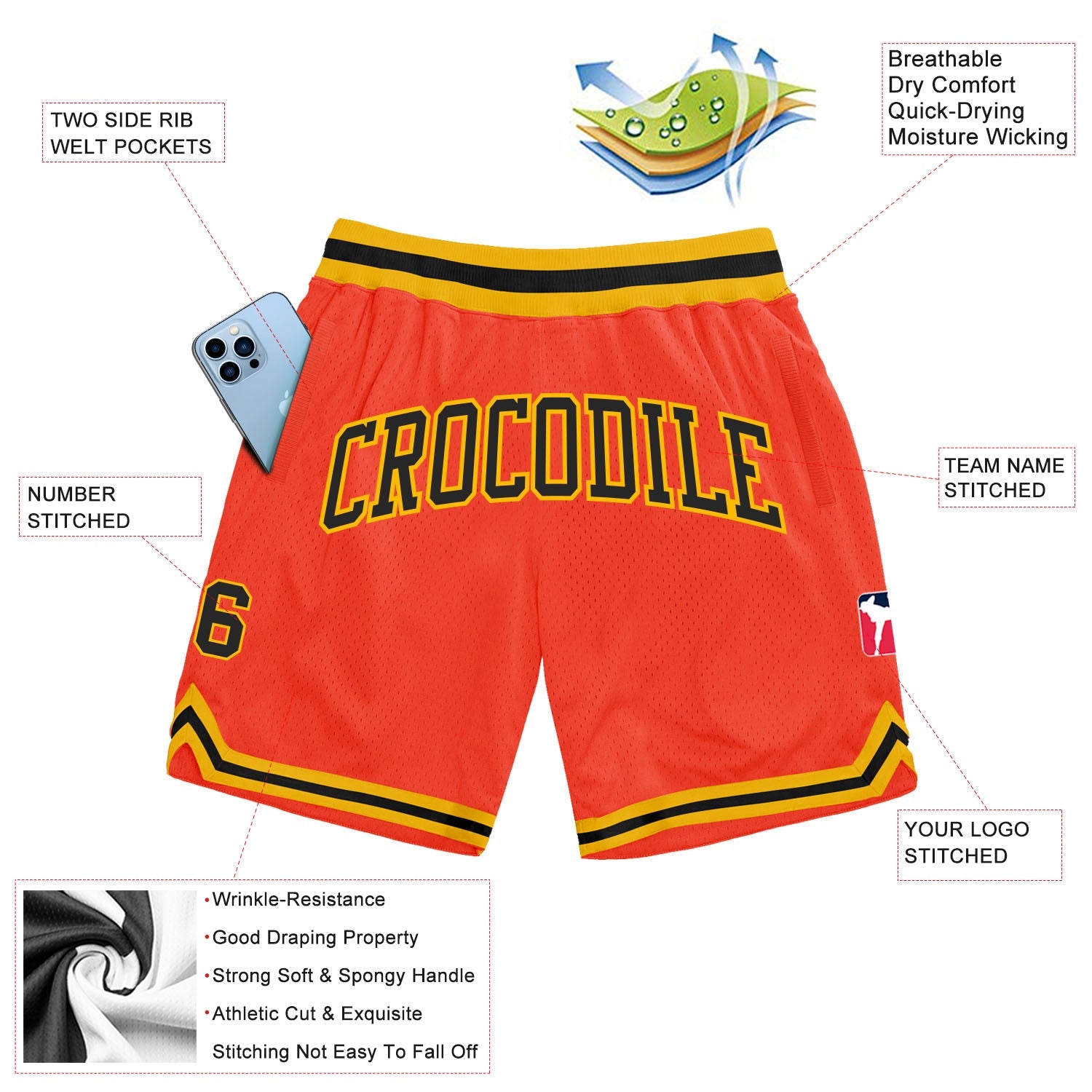 Custom Orange Black-Gold Authentic Throwback Basketball Shorts view 2
