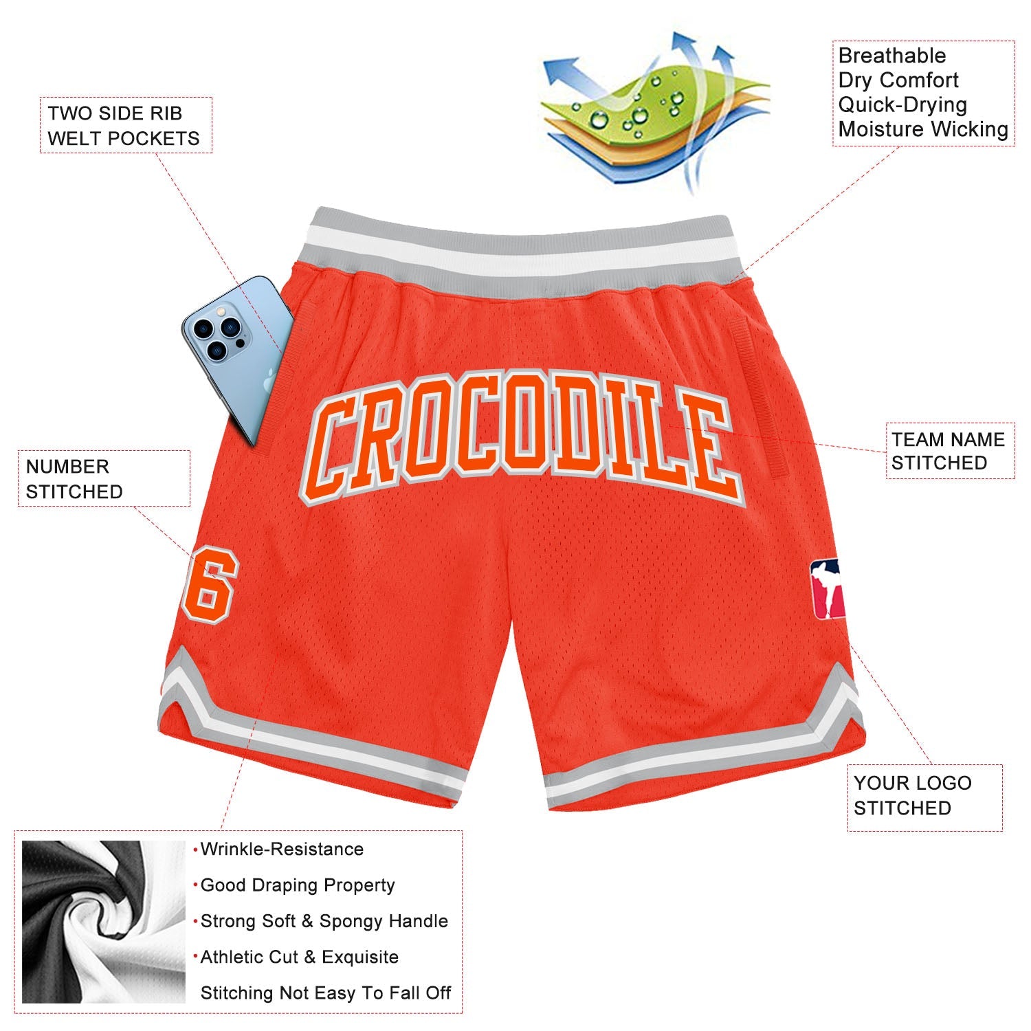 Custom Orange Orange-Gray Authentic Throwback Basketball Shorts view 2
