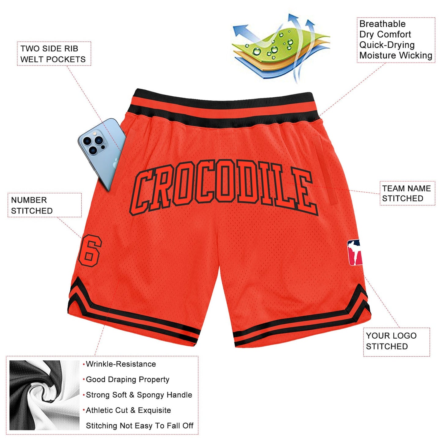 Custom Orange Orange-Black Authentic Throwback Basketball Shorts view 2