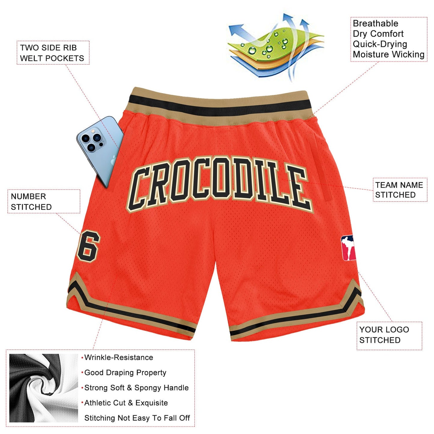 Custom Orange Black Cream-Old Gold Authentic Throwback Basketball Shorts view 2