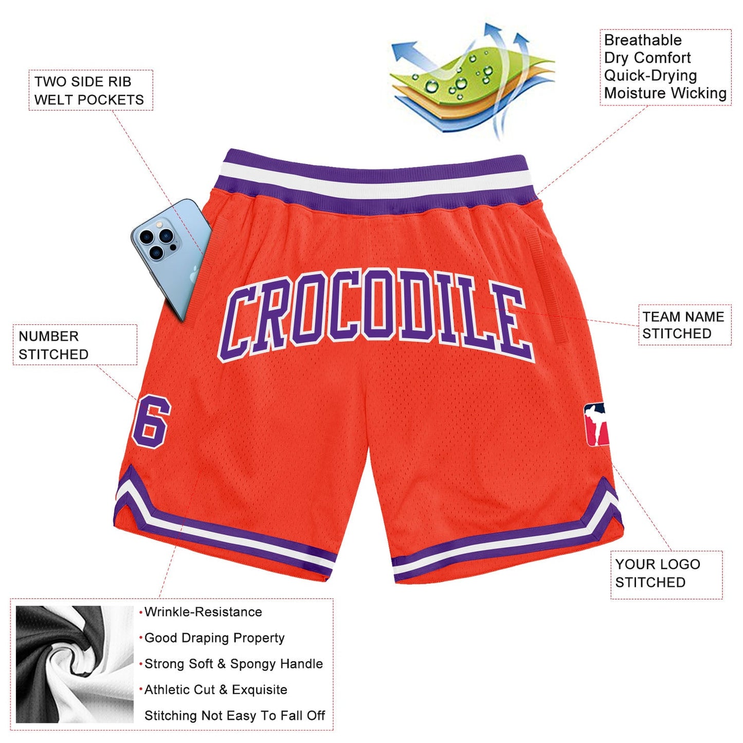 Custom Orange Purple-White Authentic Throwback Basketball Shorts view 2