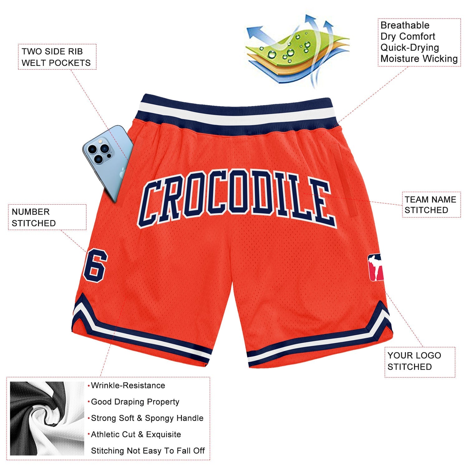 Custom Orange Navy-White Authentic Throwback Basketball Shorts view 2