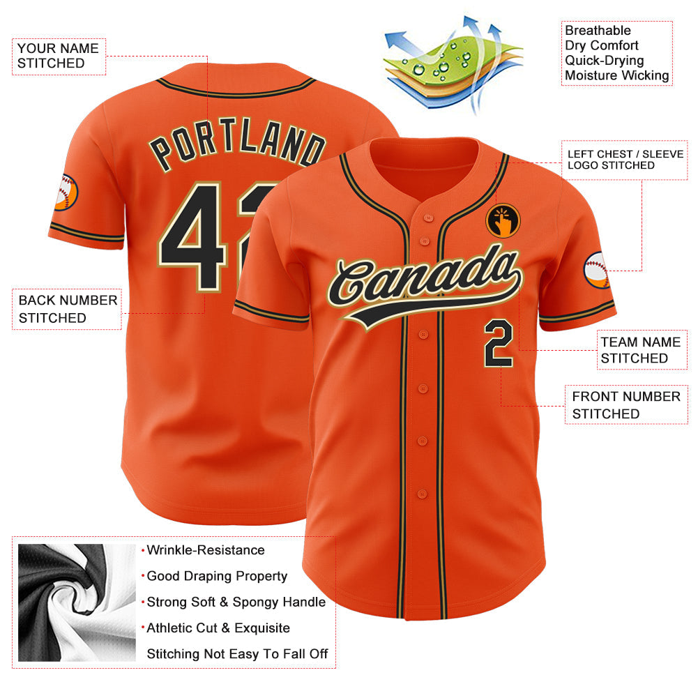 Custom Orange Black Cream-Old Gold Authentic Baseball Jersey view 3