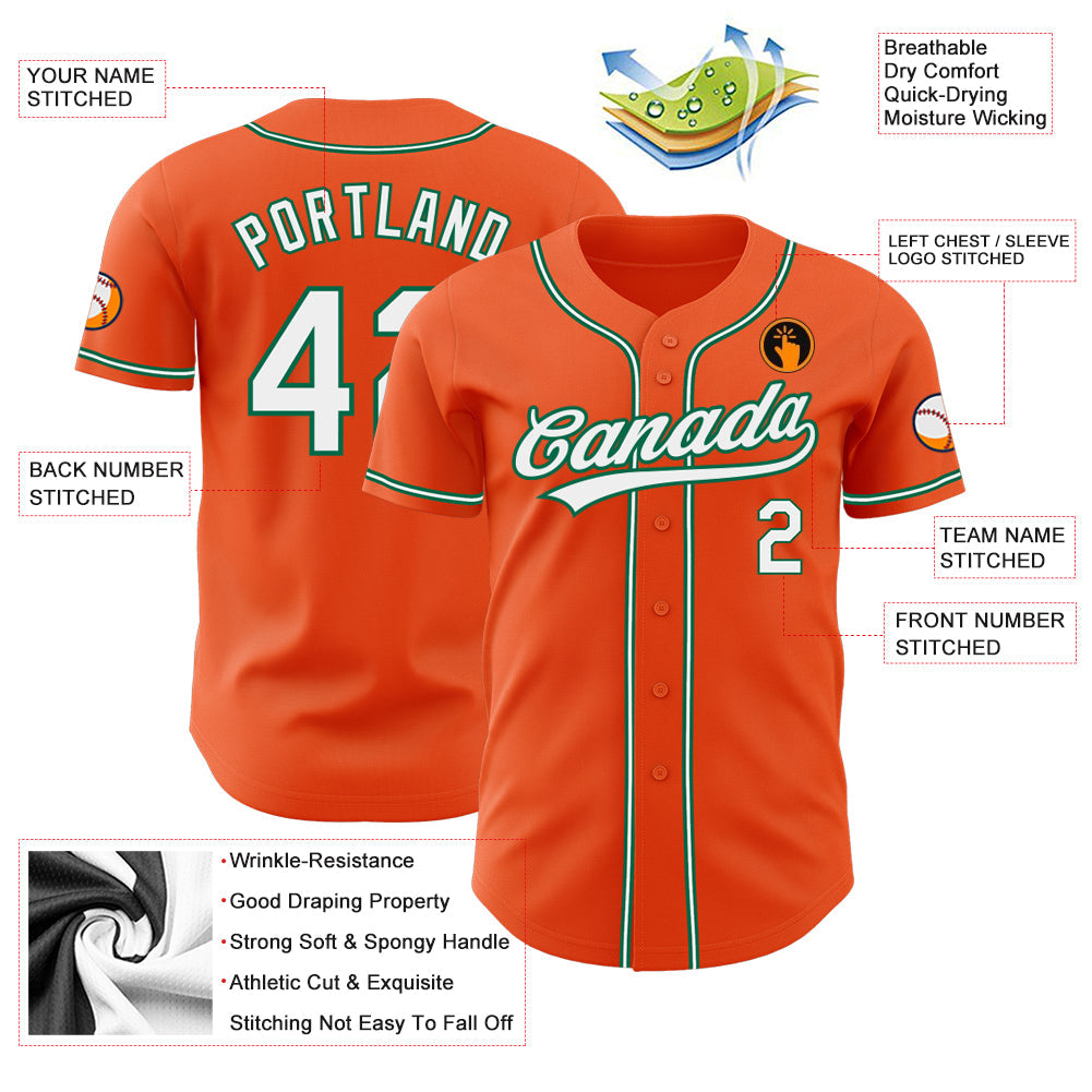 Custom Orange White-Kelly Green Authentic Baseball Jersey view 3