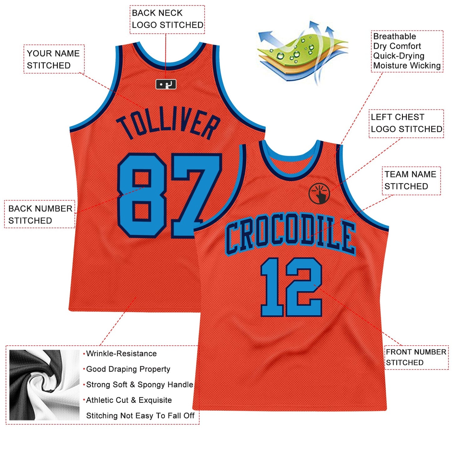 Custom Orange Blue-Navy Authentic Throwback Basketball Jersey view 2