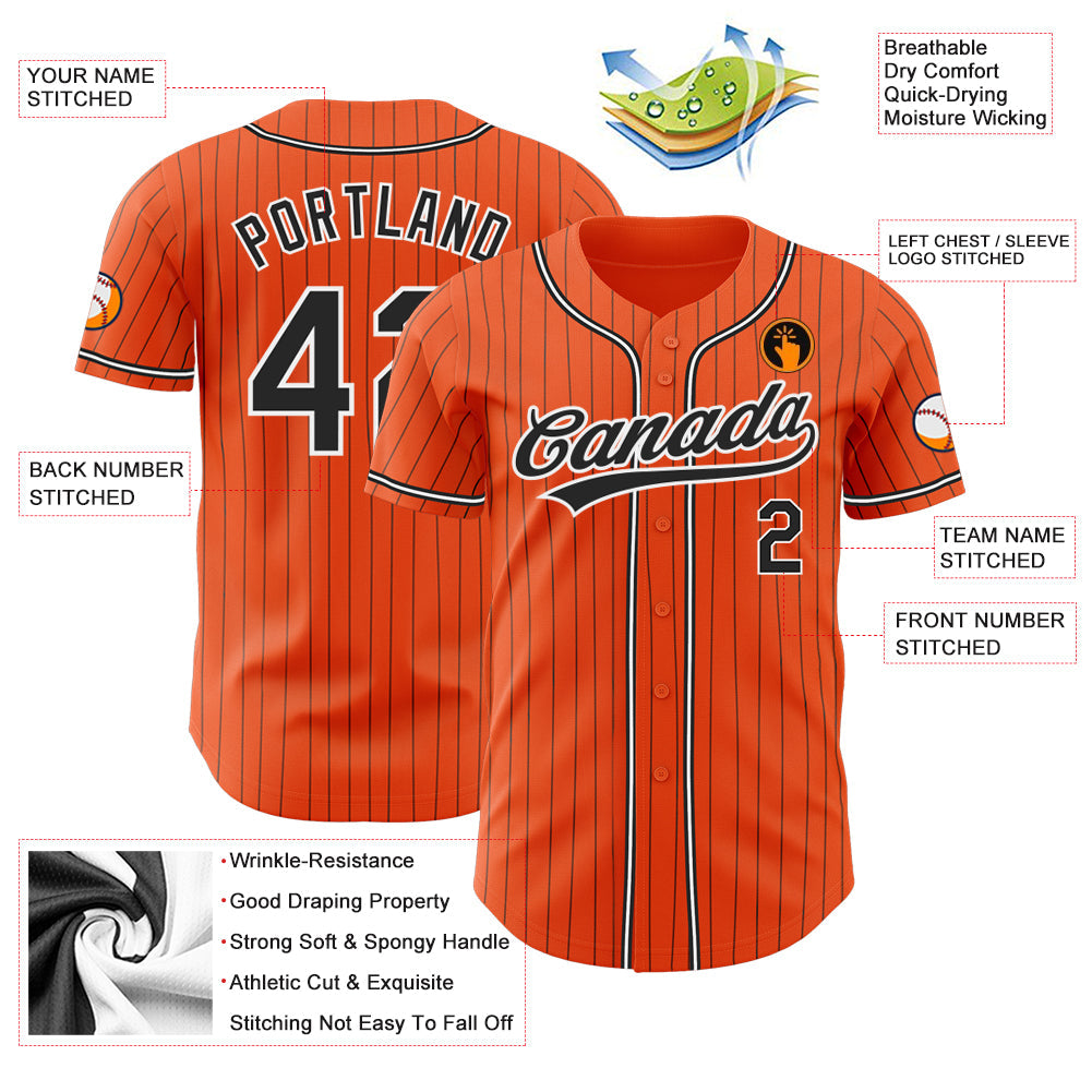 Custom Orange Black Pinstripe Black-White Authentic Baseball Jersey view 3