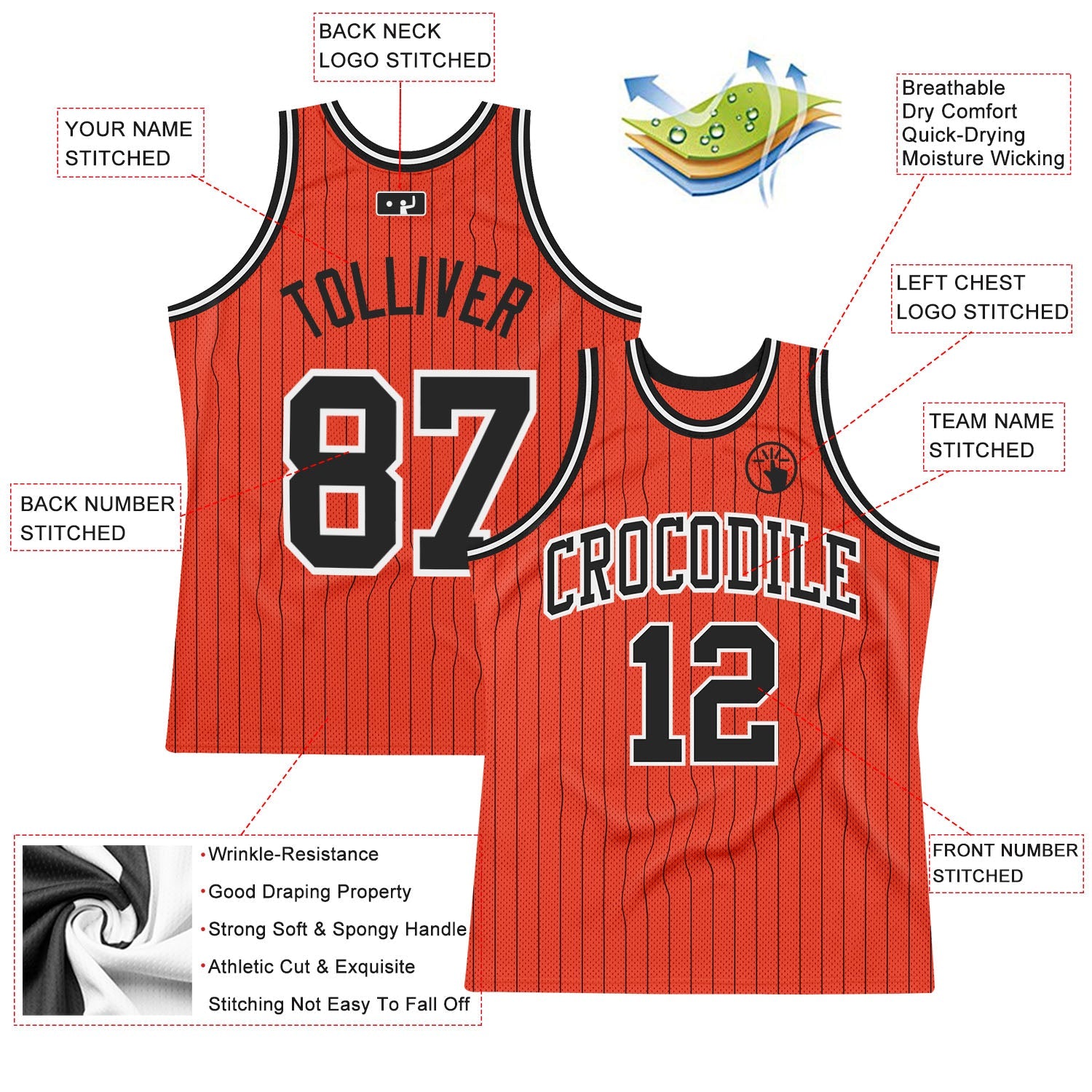 Custom Orange Black Pinstripe Black-White Authentic Basketball Jersey view 2