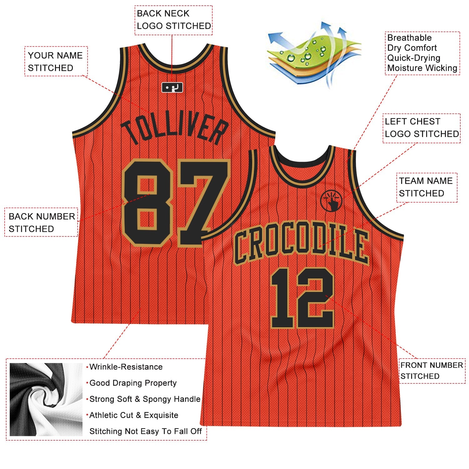 Custom Orange Black Pinstripe Black-Old Gold Authentic Basketball Jersey view 2