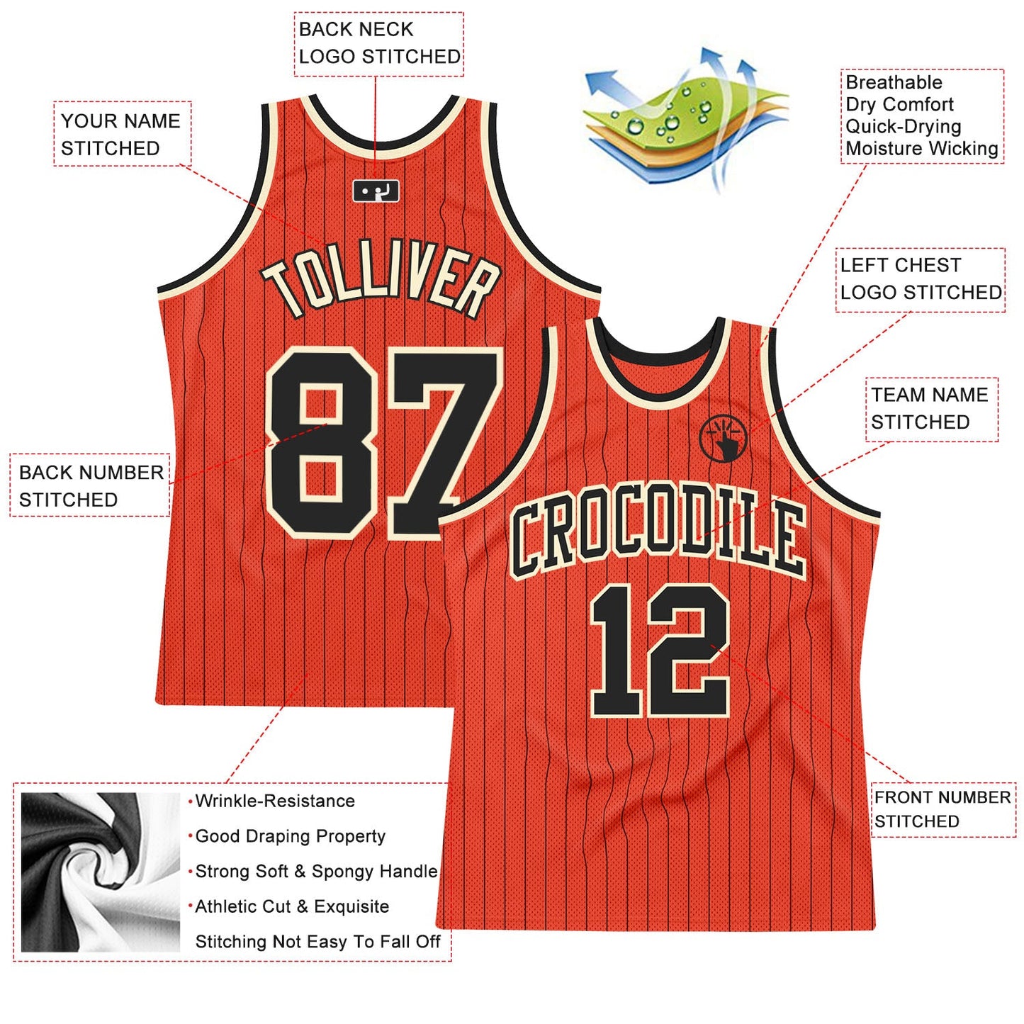 Custom Orange Black Pinstripe Black-Cream Authentic Basketball Jersey view 2