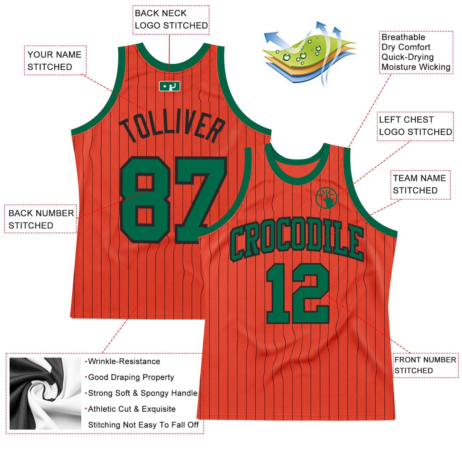 Custom Orange Black Pinstripe Kelly Green Authentic Basketball Jersey view 2