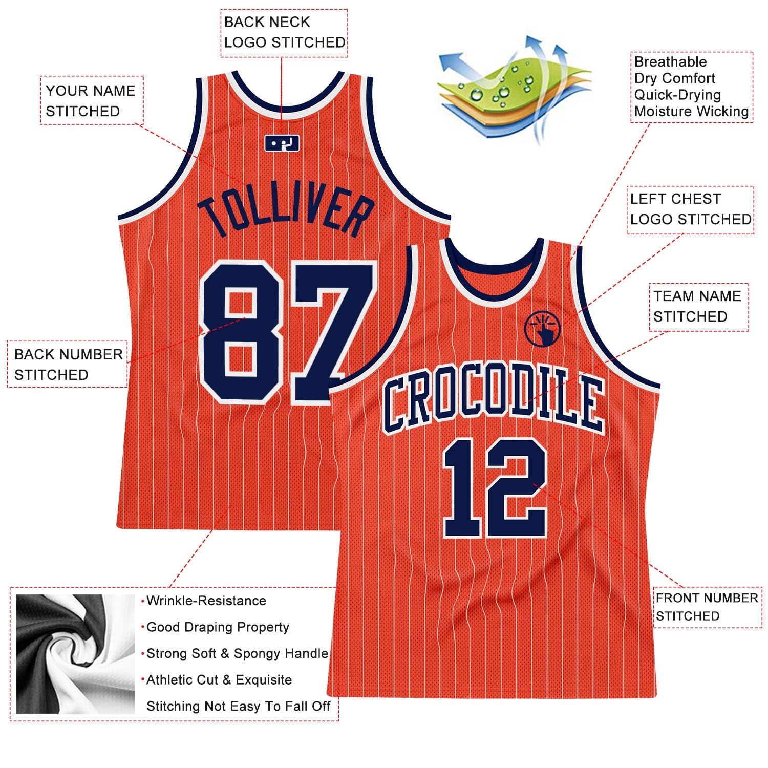 Custom Orange White Pinstripe Navy Authentic Basketball Jersey view 2