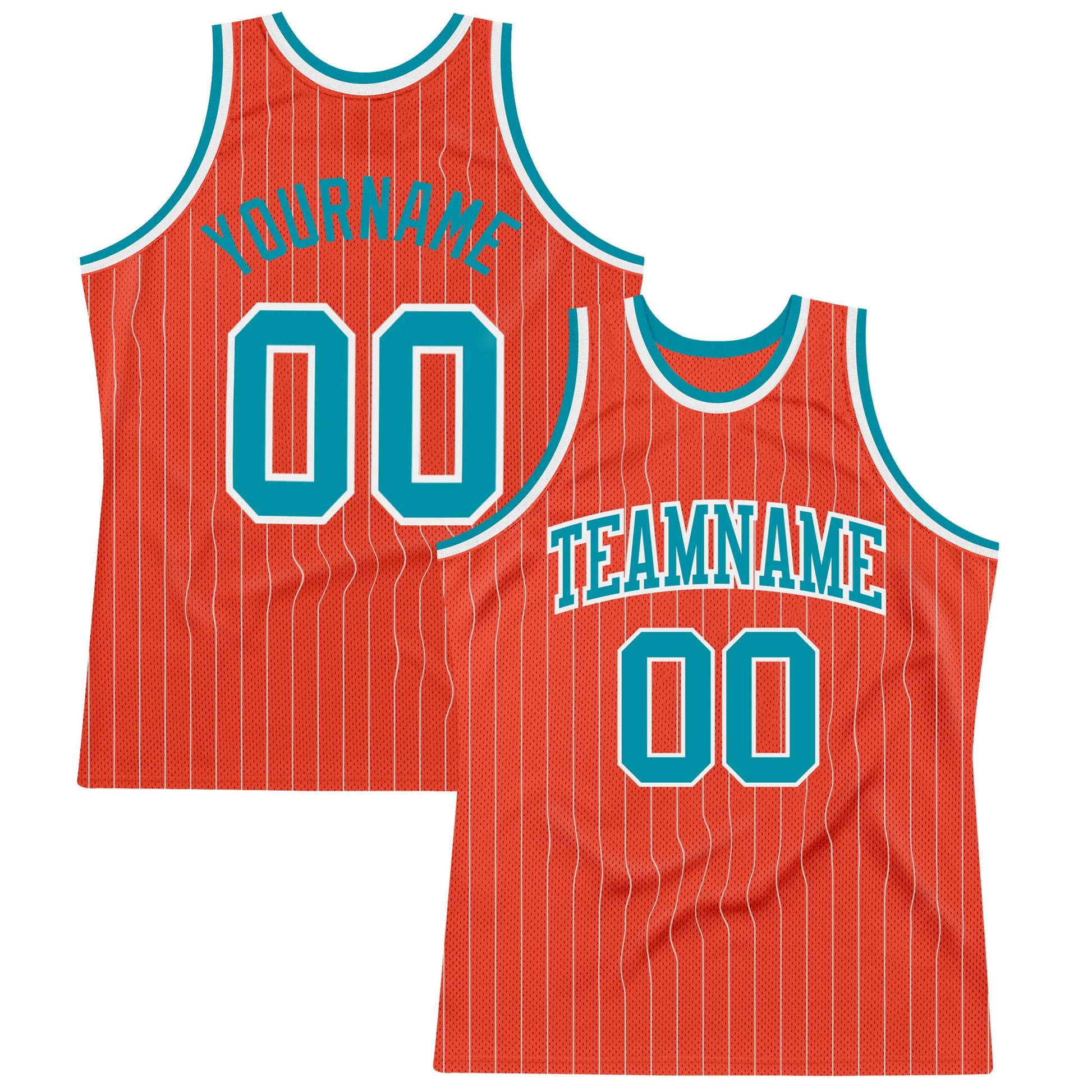 Custom Orange White Pinstripe Teal Authentic Basketball Jersey - Main View