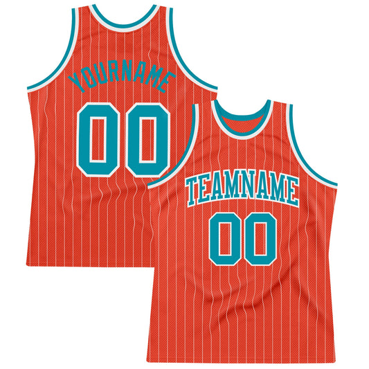 Custom Orange White Pinstripe Teal Authentic Basketball Jersey - Main View