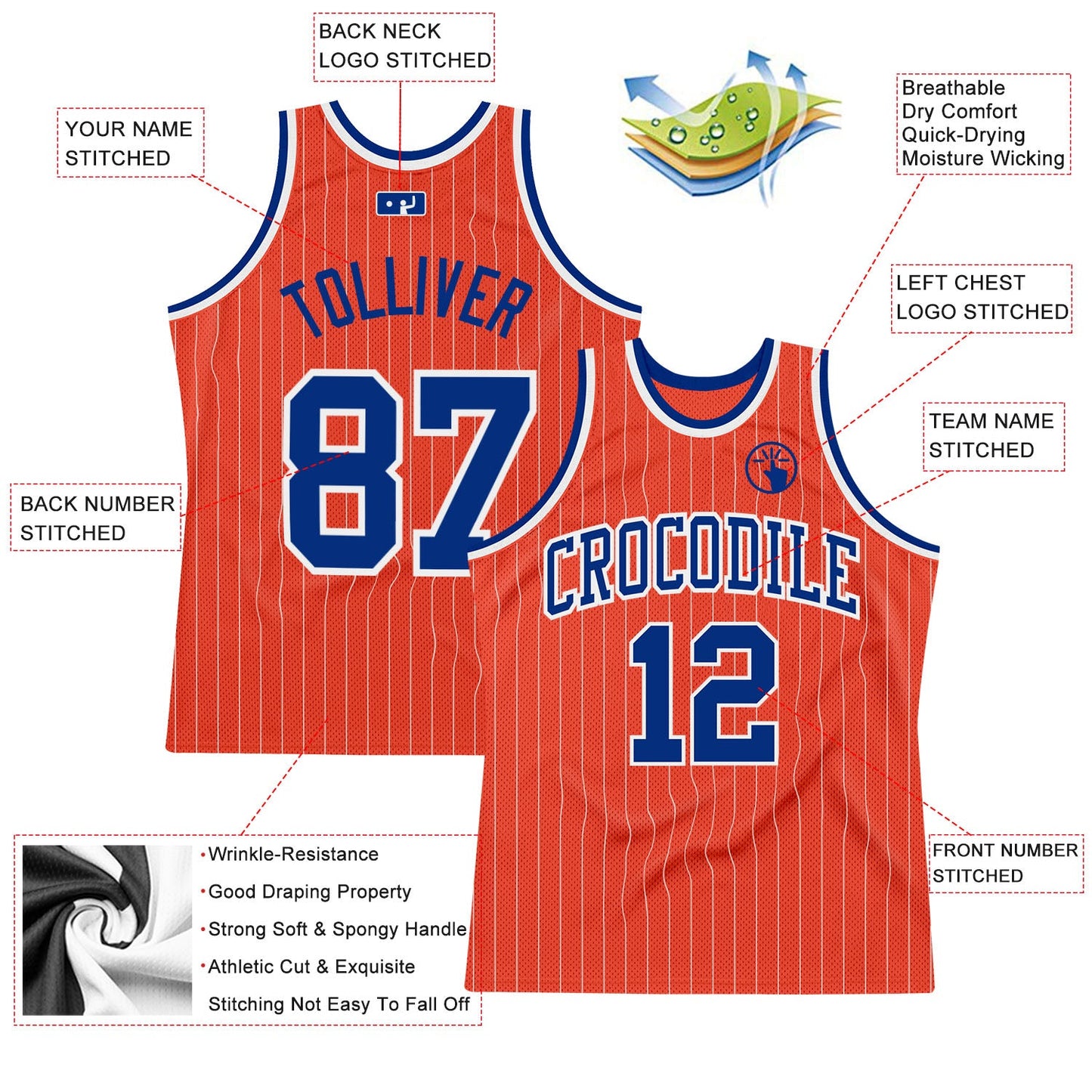 Custom Orange White Pinstripe Royal Authentic Basketball Jersey view 2