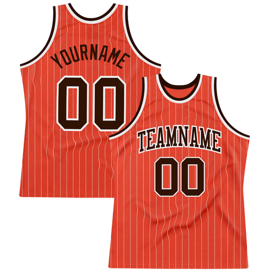 Custom Orange White Pinstripe Brown Authentic Basketball Jersey - Main View