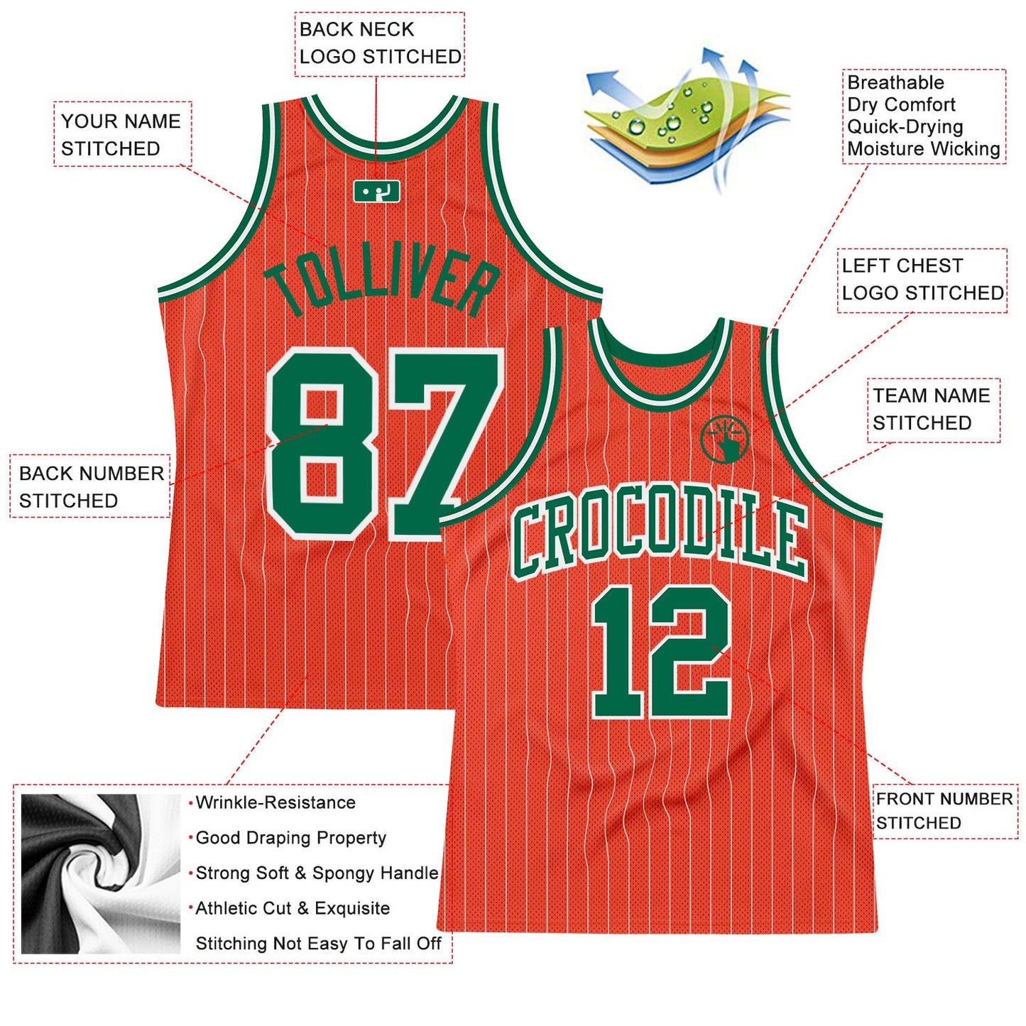 Custom Orange White Pinstripe Kelly Green Authentic Basketball Jersey view 2