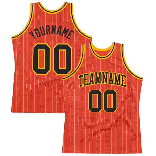 Custom Orange White Pinstripe Black-Gold Authentic Basketball Jersey - Main View