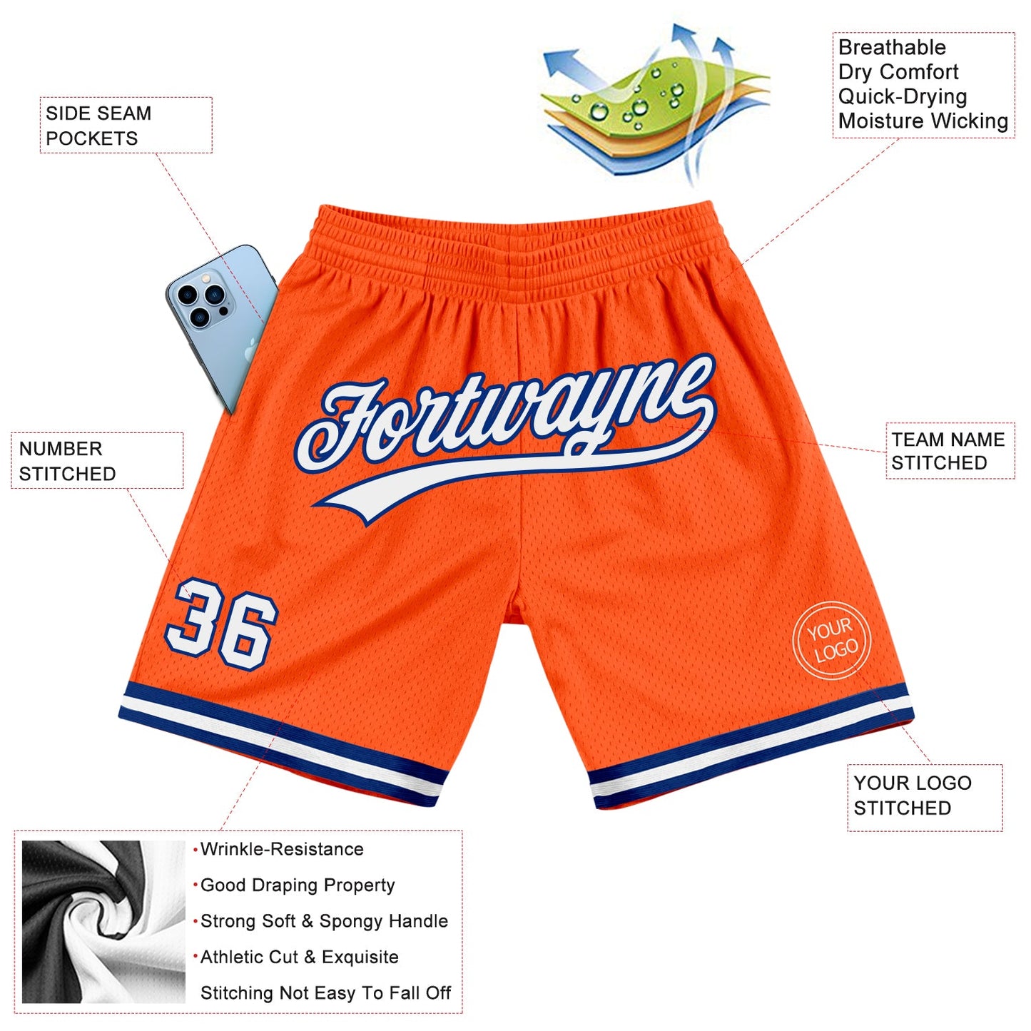 Custom Orange White-Royal Authentic Throwback Basketball Shorts view 2