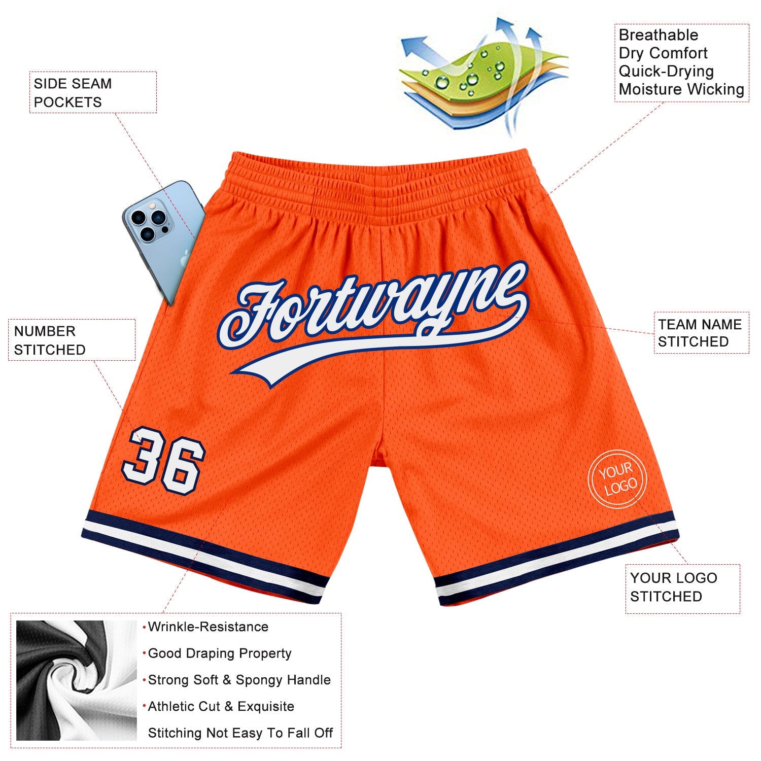 Custom Orange White-Navy Authentic Throwback Basketball Shorts view 2