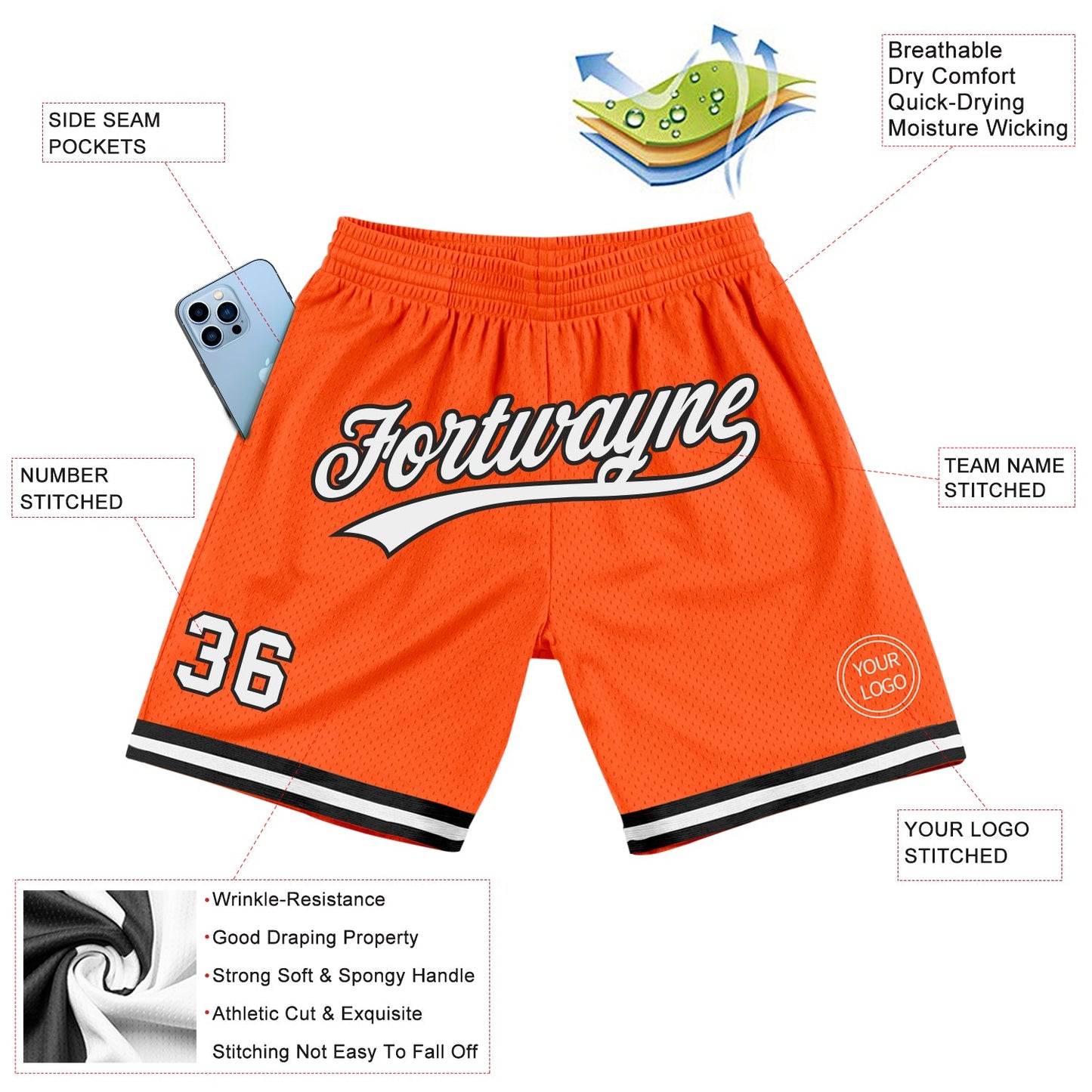 Custom Orange White-Black Authentic Throwback Basketball Shorts view 2