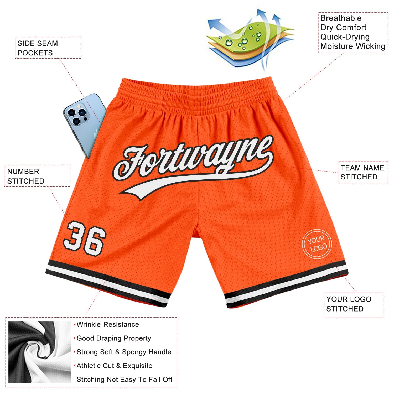 Custom Orange White-Black Authentic Throwback Basketball Shorts view 2