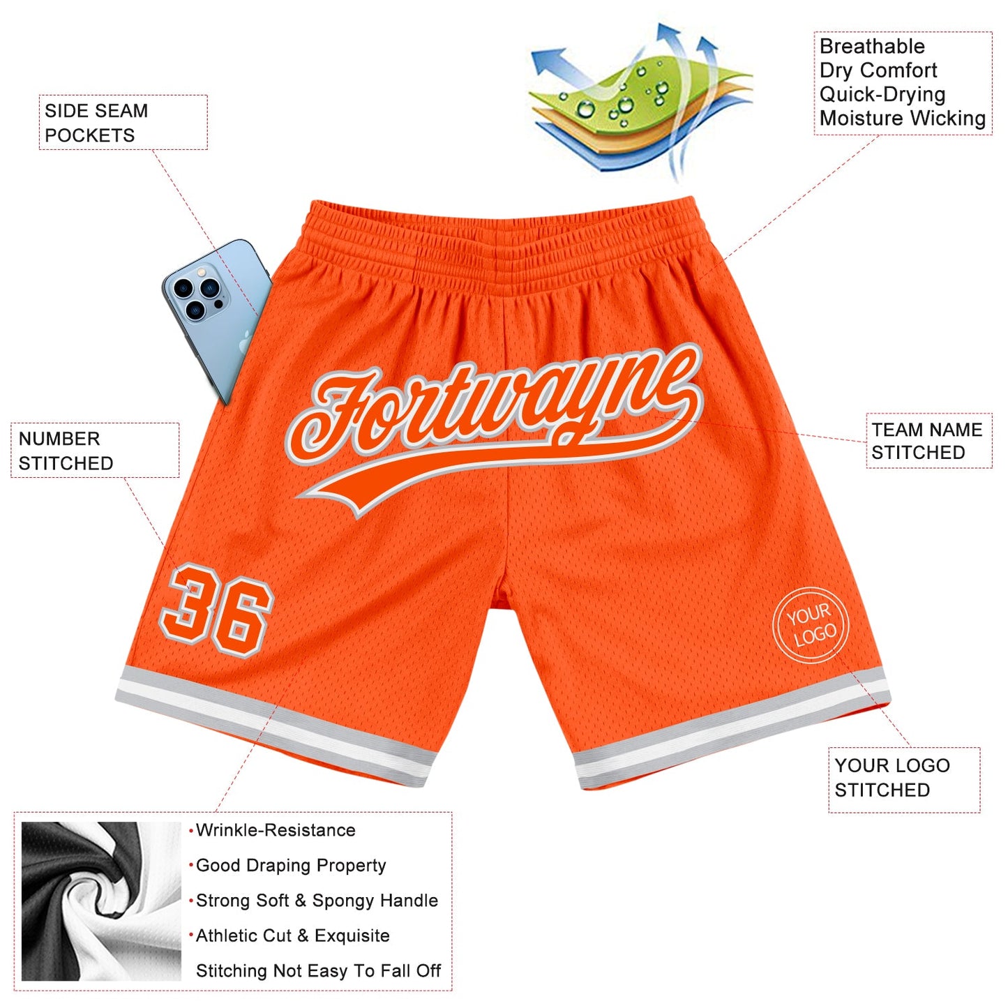 Custom Orange White-Gray Authentic Throwback Basketball Shorts view 2