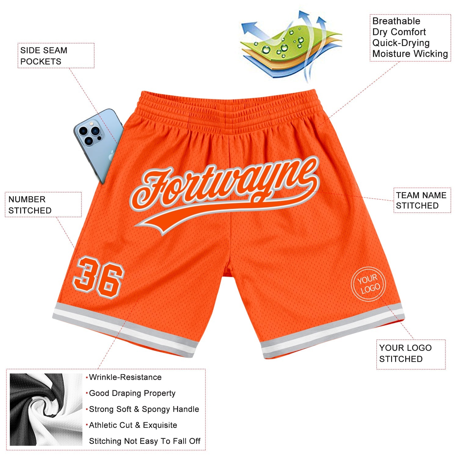 Custom Orange White-Gray Authentic Throwback Basketball Shorts view 2