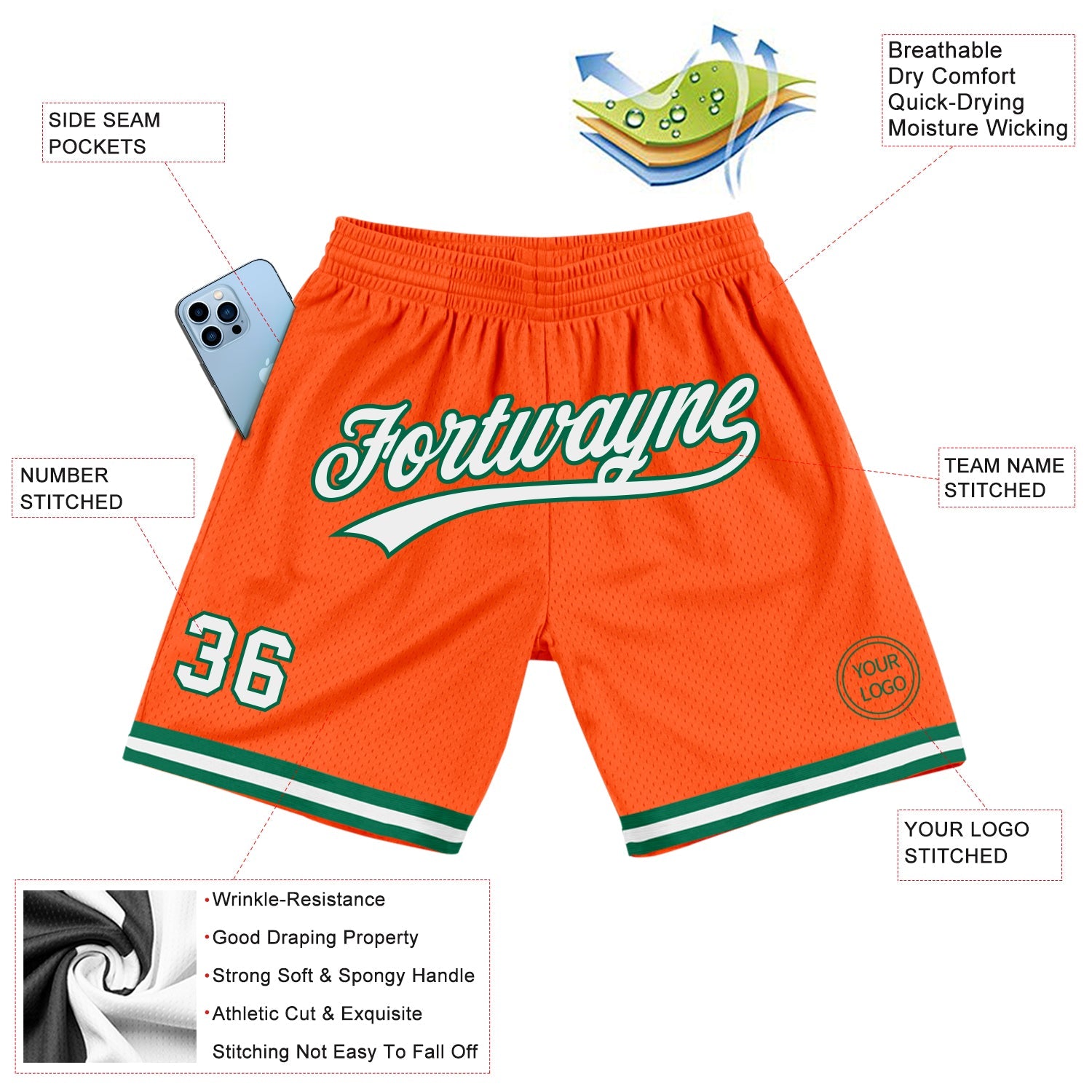 Custom Orange White-Kelly Green Authentic Throwback Basketball Shorts view 2