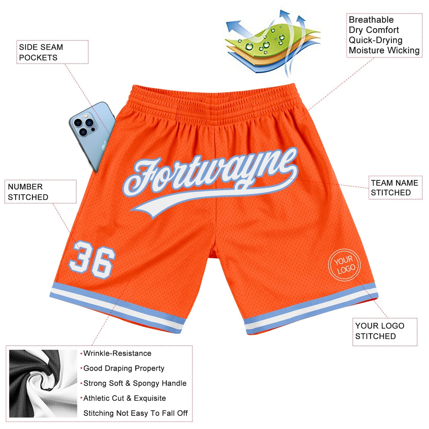Custom Orange White-Light Blue Authentic Throwback Basketball Shorts view 2