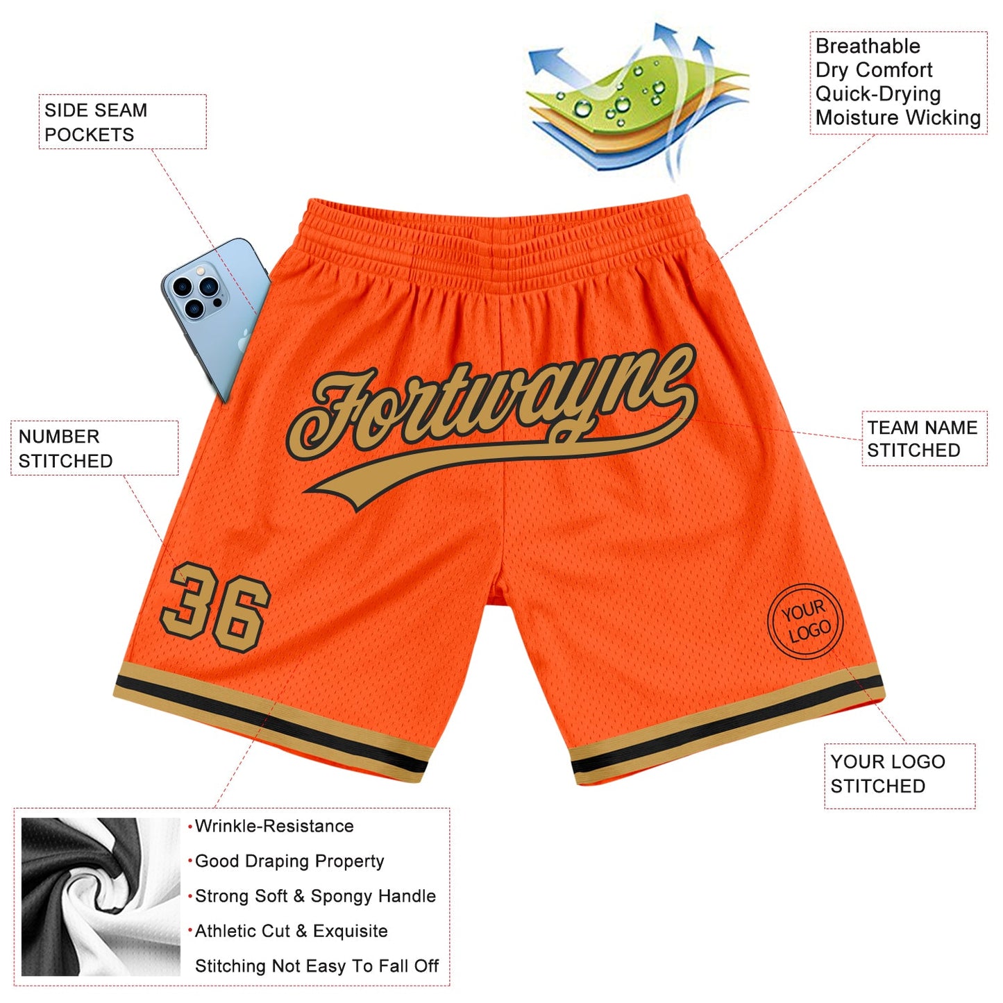 Custom Orange Old Gold-Black Authentic Throwback Basketball Shorts view 2
