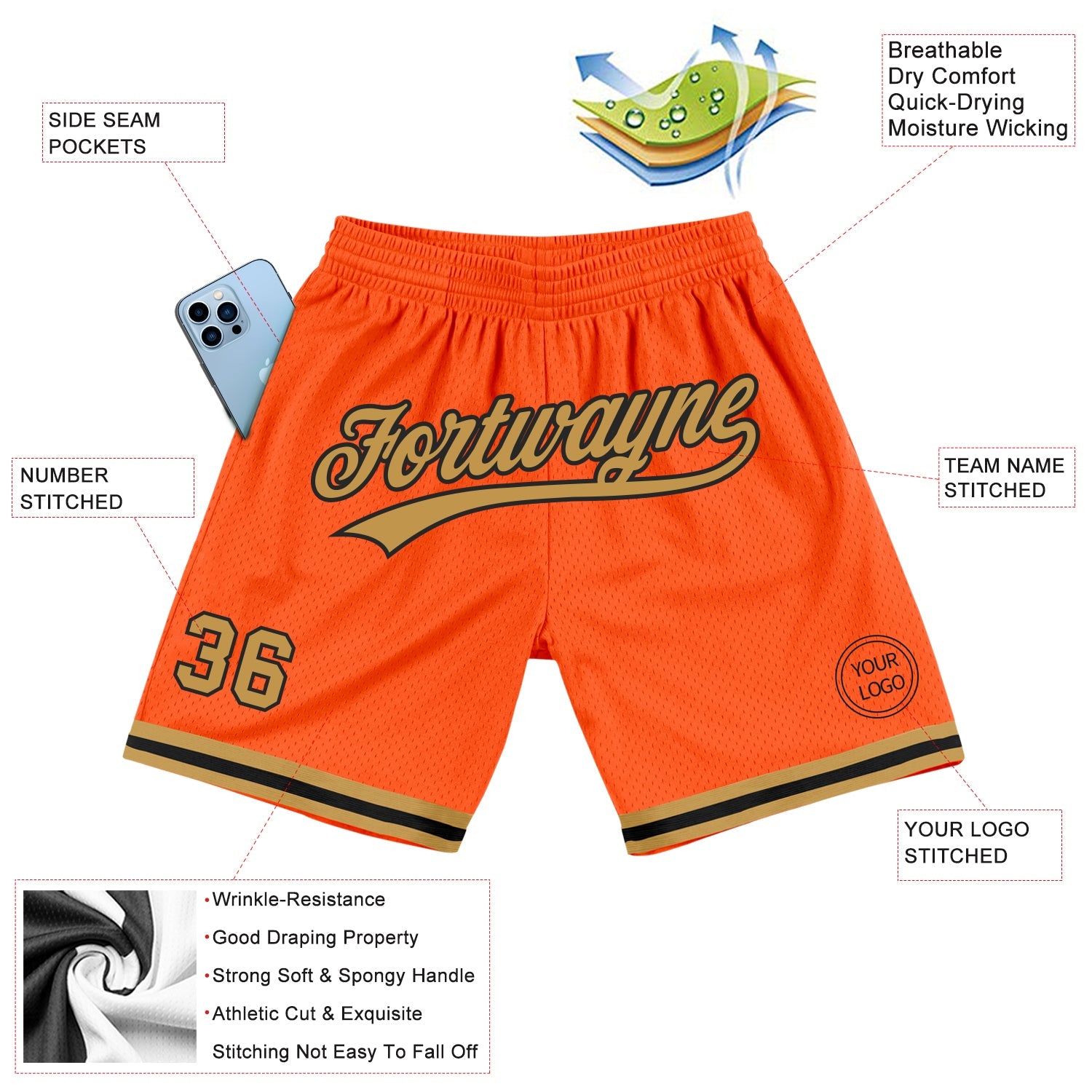 Custom Orange Old Gold-Black Authentic Throwback Basketball Shorts view 2