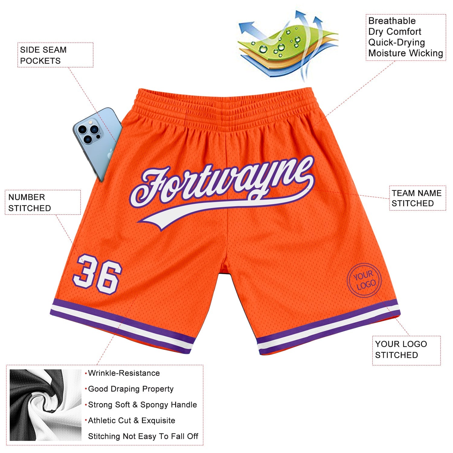 Custom Orange White-Purple Authentic Throwback Basketball Shorts view 2