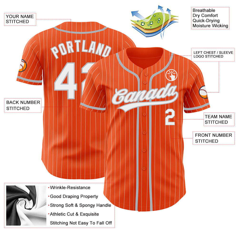 Custom Orange White Pinstripe Gray Authentic Baseball Jersey view 3