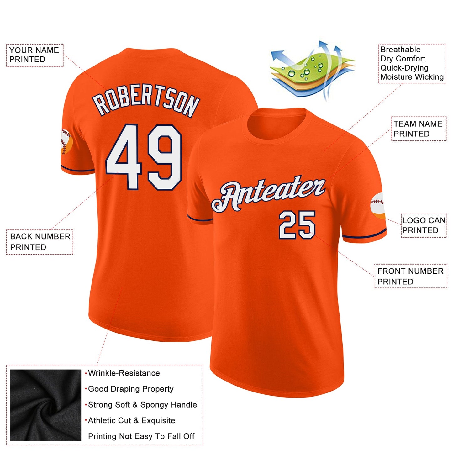 Custom Orange White-Navy Performance T-Shirt view 2