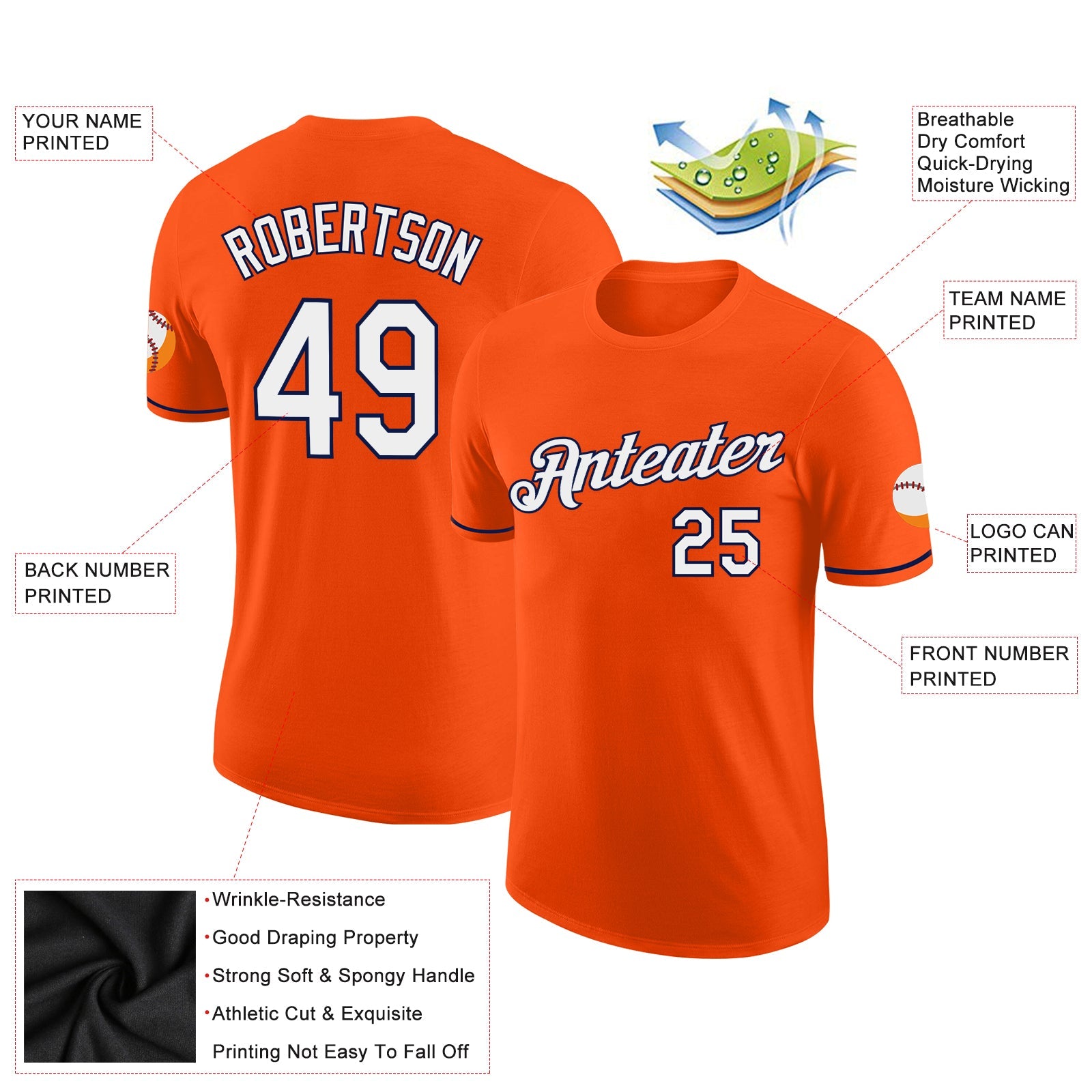 Custom Orange White-Navy Performance T-Shirt view 2