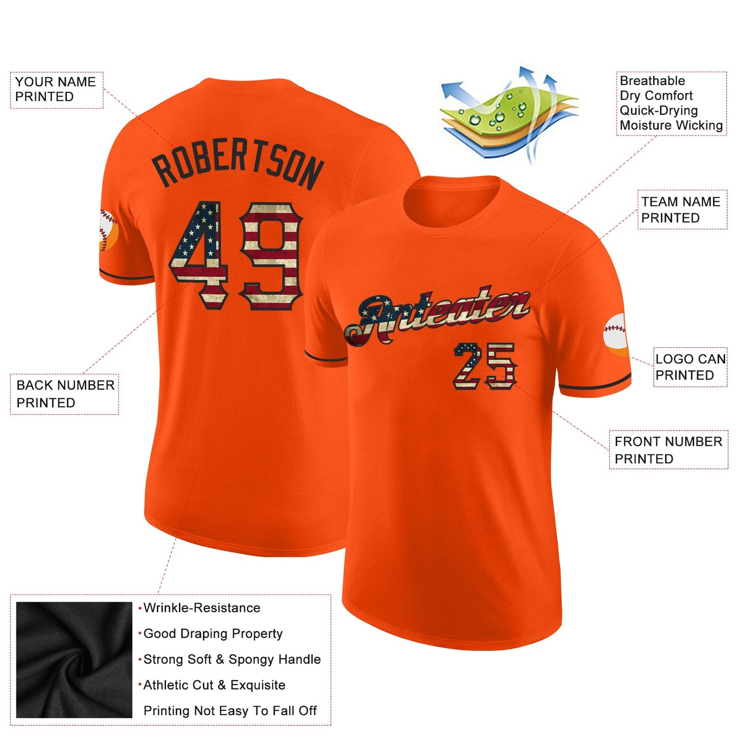 Custom Orange Vintage USA Flag-Black Performance T-Shirt view 2