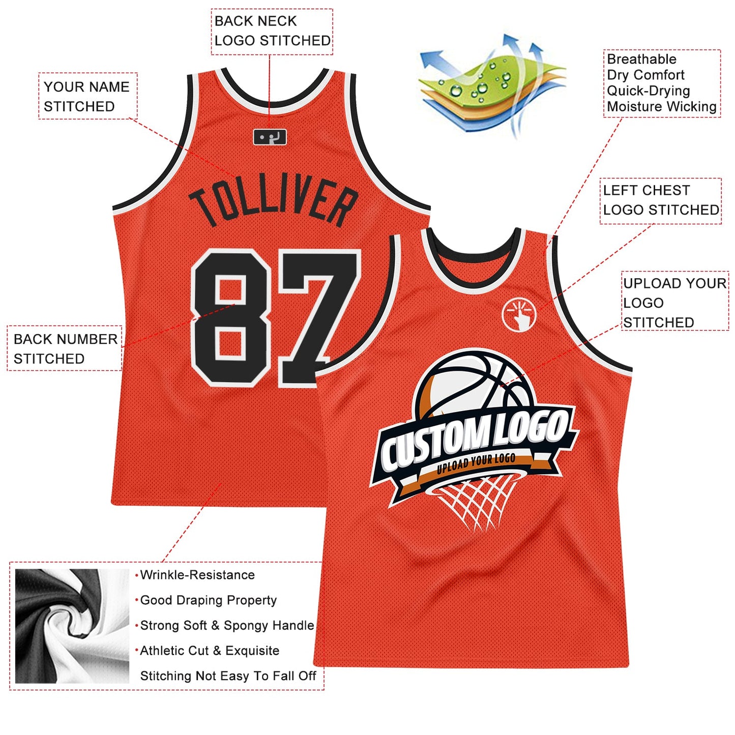 Custom Orange Black-White Authentic Throwback Basketball Jersey view 2