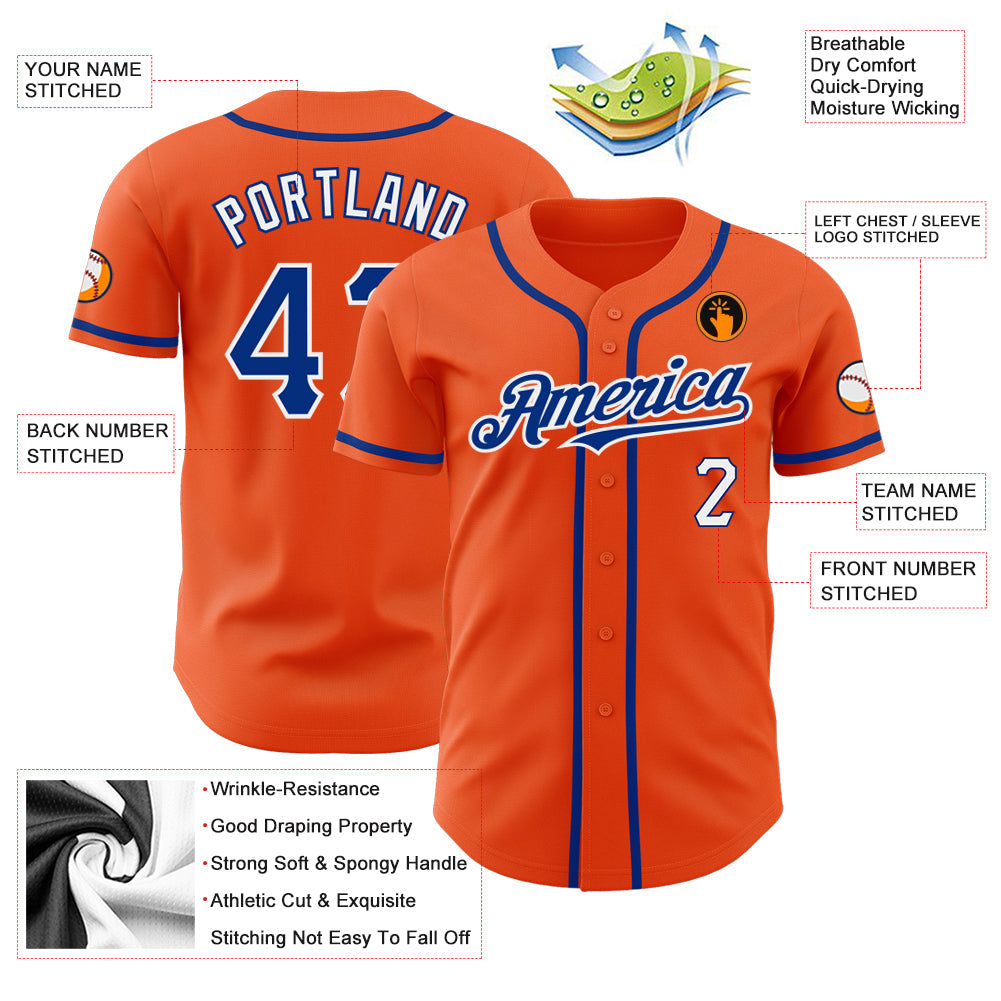 Custom Orange Royal-White Authentic Baseball Jersey view 3