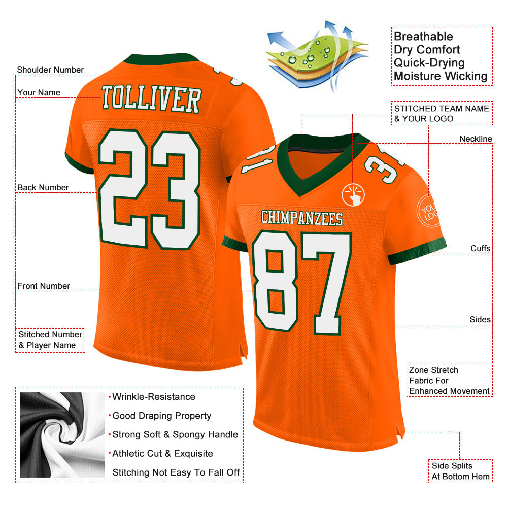 Custom Orange White-Green Mesh Authentic Football Jersey view 2