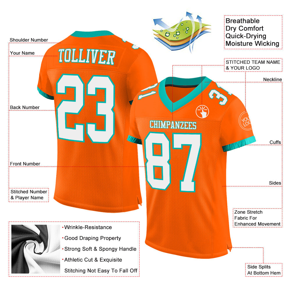 Custom Orange White-Aqua Mesh Authentic Football Jersey view 2