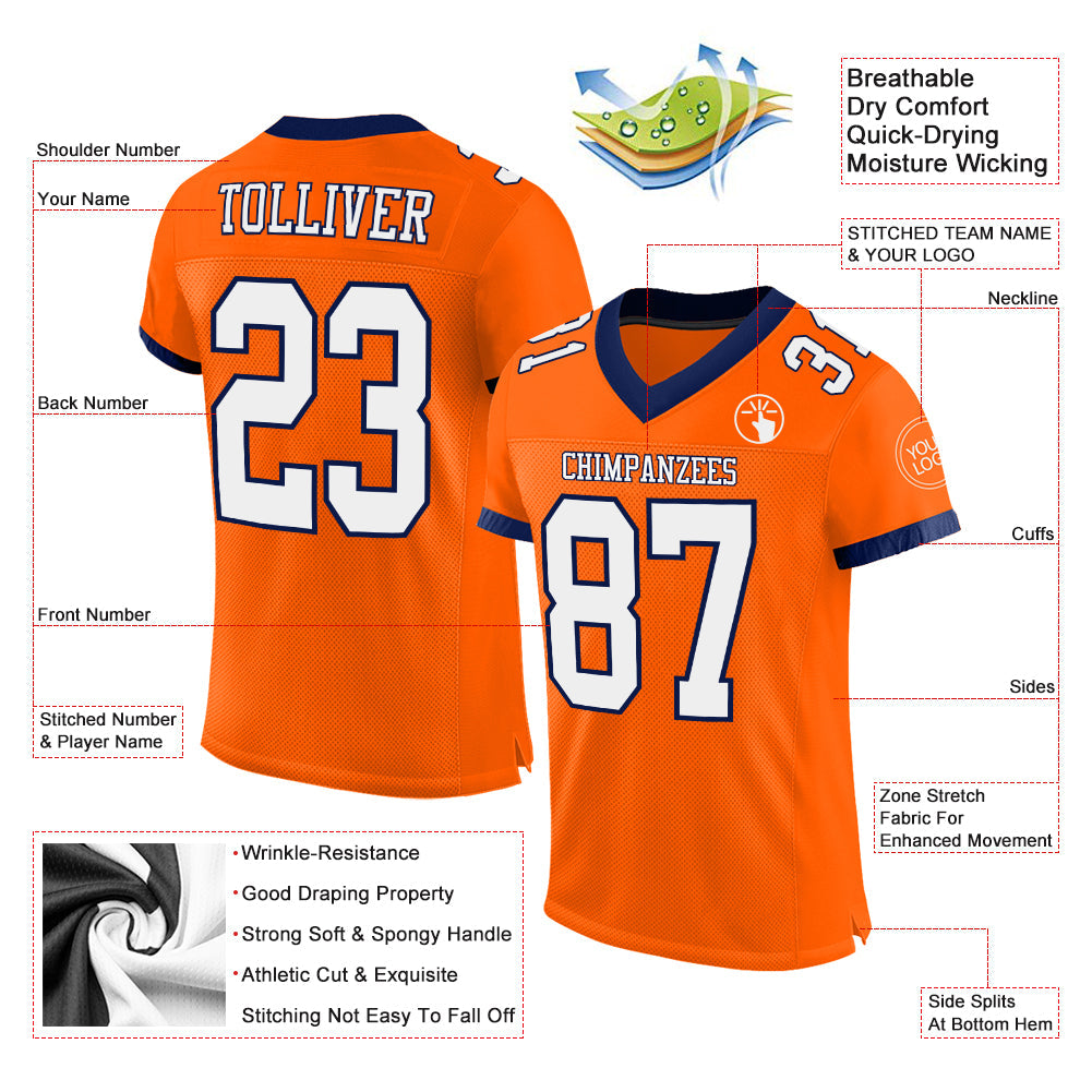 Custom Orange White-Navy Mesh Authentic Football Jersey view 2